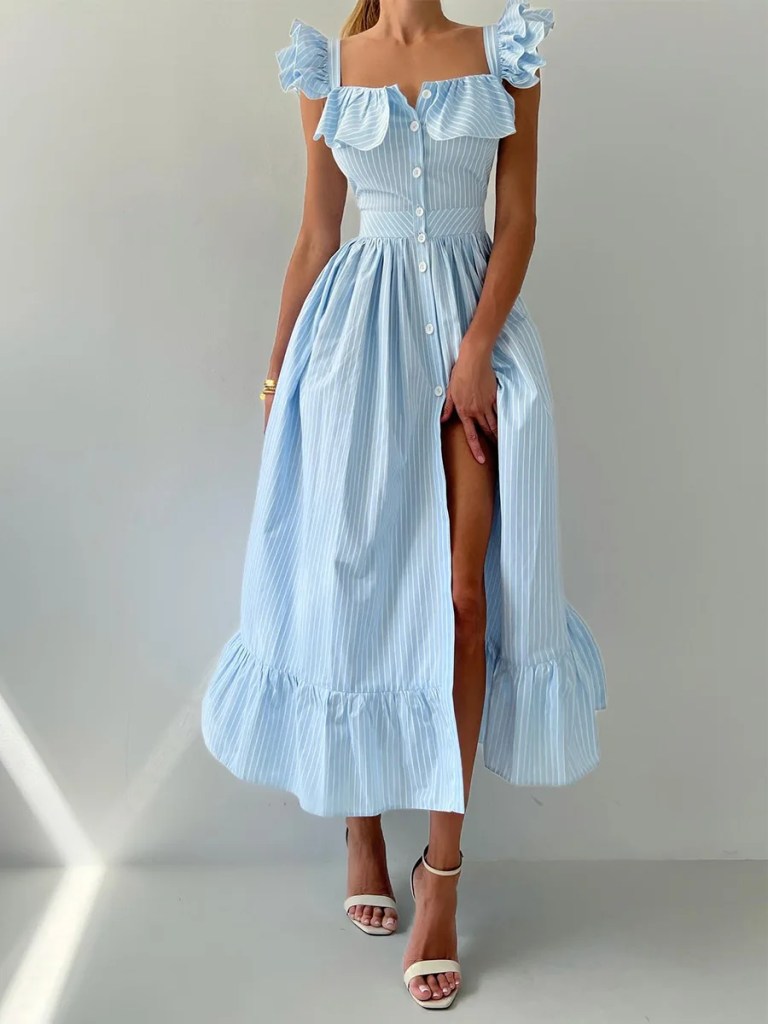 Bornlads Women's 2025 Summer New Striped Dress Button Front Slim Fitted Waist Midi Dress Flutter Sleeves Side Slit 6