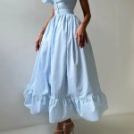 Bornlads Women's 2025 Summer New Striped Dress Button Front Slim Fitted Waist Midi Dress Flutter Sleeves Side Slit 2