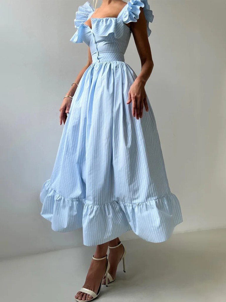 Bornlads Women's 2025 Summer New Striped Dress Button Front Slim Fitted Waist Midi Dress Flutter Sleeves Side Slit 2