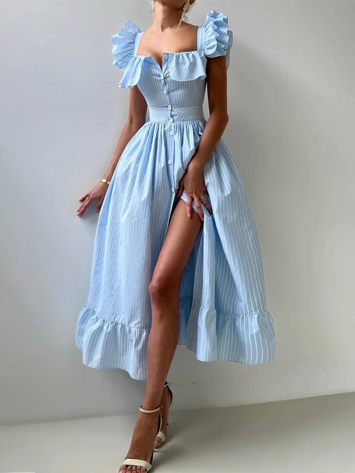 Bornlads Women's 2025 Summer New Striped Dress Button Front Slim Fitted Waist Midi Dress Flutter Sleeves Side Slit 1