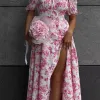 Bornlads 2026 Summer New Women's Off-Shoulder Floral Dress Short Sleeve Lace-Up Smocked Printed Split Maxi Dress 3