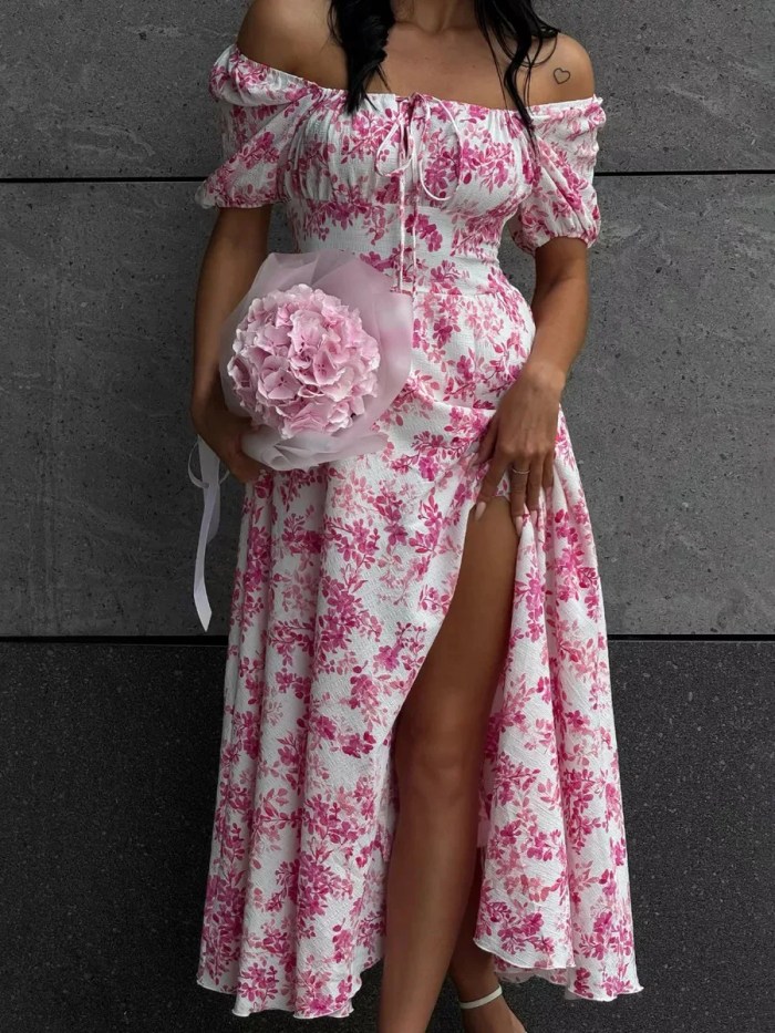 Bornlads 2026 Summer New Women's Off-Shoulder Floral Dress Short Sleeve Lace-Up Smocked Printed Split Maxi Dress 3