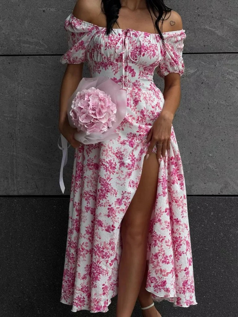 Bornlads 2026 Summer New Women's Off-Shoulder Floral Dress Short Sleeve Lace-Up Smocked Printed Split Maxi Dress 3