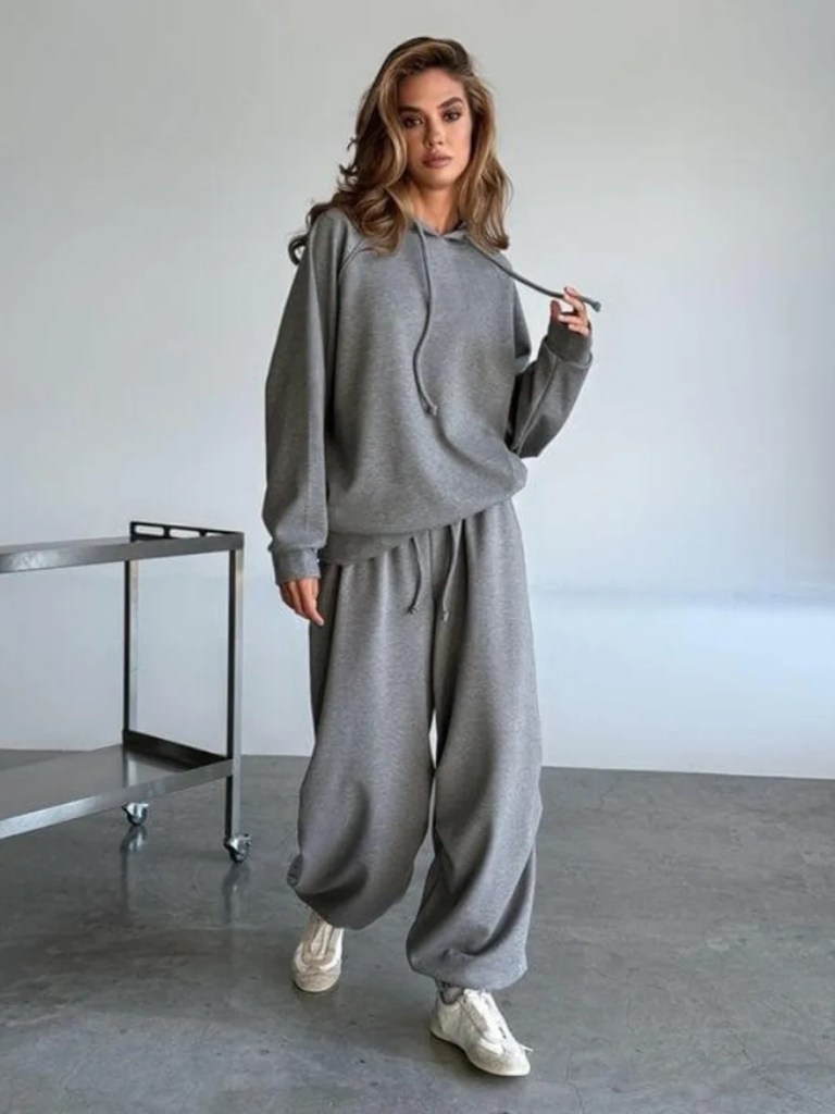 Bornlads Autumn Winter Soft Hoodie Set Women's Drop Shoulder Loose Hoodie Relaxed Pullover Long Pants Set