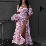 Bornlads 2026 Summer New Women's Off-Shoulder Floral Dress Short Sleeve Lace-Up Smocked Printed Split Maxi Dress 1