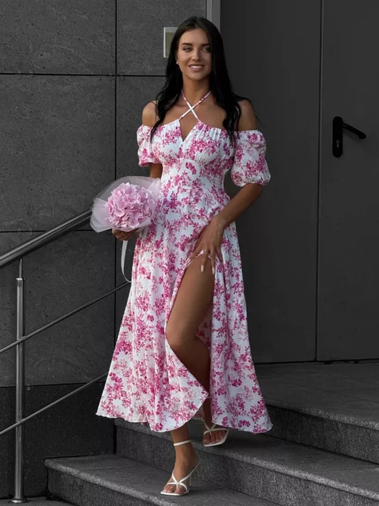 Bornlads 2026 Summer New Women's Off-Shoulder Floral Dress Short Sleeve Lace-Up Smocked Printed Split Maxi Dress 1