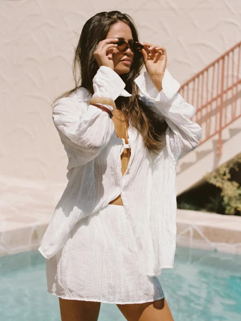 bornlads 2026 spring summer new shirt skirt set ruffled texture sheer shirt mini skirt vacation lazy style two piece outfit Bornlads 2026 Spring Summer New Shirt Skirt Set Ruffled Texture Sheer Shirt Mini Skirt Vacation Lazy Style Two Piece Outfit 1