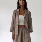 bornlads women's cotton casual shorts set solid color lapel long sleeve shirt elastic waist shorts outfit daily vacation wear Bornlads Women's Cotton Casual Shorts Set Solid Color Lapel Long Sleeve Shirt Elastic Waist Shorts Outfit Daily Vacation Wear