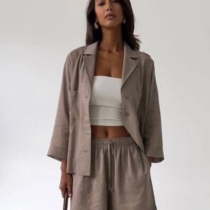 Bornlads Women's Cotton Casual Shorts Set Solid Color Lapel Long Sleeve Shirt Elastic Waist Shorts Outfit Daily Vacation Wear