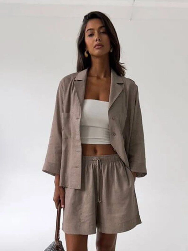 Bornlads Women's Cotton Casual Shorts Set Solid Color Lapel Long Sleeve Shirt Elastic Waist Shorts Outfit Daily Vacation Wear