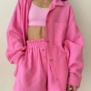 Bornlads Women's Cotton Casual Shorts Set Solid Color Lapel Long Sleeve Shirt Elastic Waist Shorts Outfit Daily Vacation Wear 1