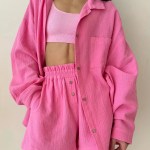 Bornlads Women's Cotton Casual Shorts Set Solid Color Lapel Long Sleeve Shirt Elastic Waist Shorts Outfit Daily Vacation Wear 1