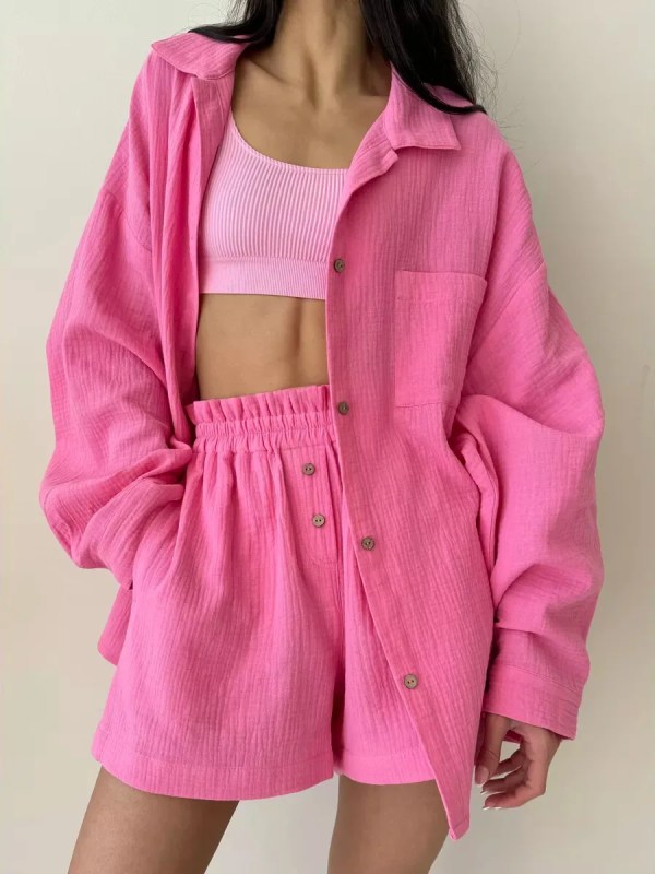 bornlads women's cotton casual shorts set solid color lapel long sleeve shirt elastic waist shorts outfit daily vacation wear Bornlads Women's Cotton Casual Shorts Set Solid Color Lapel Long Sleeve Shirt Elastic Waist Shorts Outfit Daily Vacation Wear 1