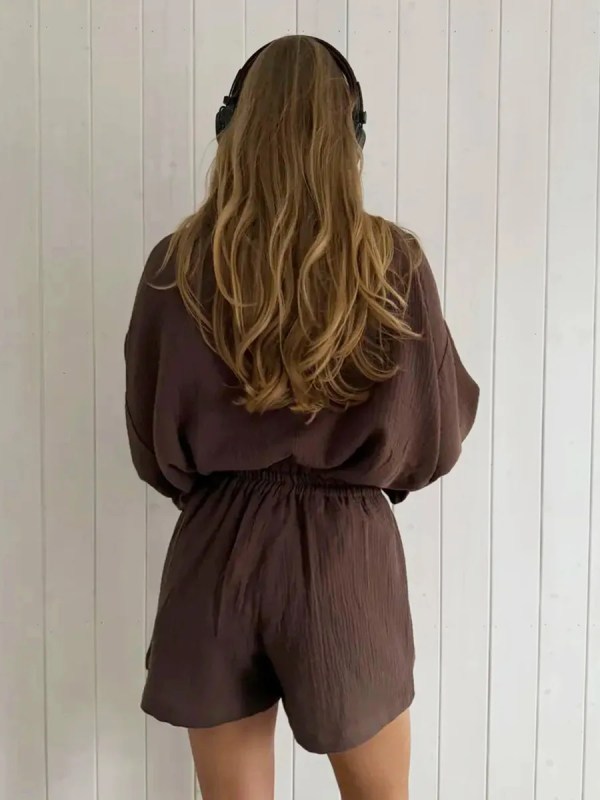 bornlads women's cotton casual shorts set solid color lapel long sleeve shirt elastic waist shorts outfit daily vacation wear Bornlads Women's Cotton Casual Shorts Set Solid Color Lapel Long Sleeve Shirt Elastic Waist Shorts Outfit Daily Vacation Wear 4