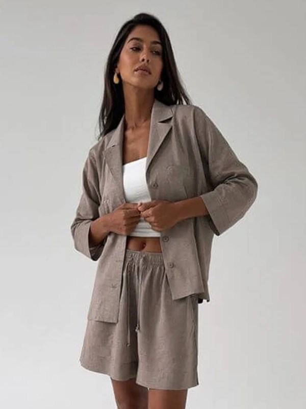Bornlads Women's Cotton Casual Shorts Set Solid Color Lapel Long Sleeve Shirt Elastic Waist Shorts Outfit Daily Vacation Wear 2