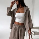 bornlads women's cotton casual shorts set solid color lapel long sleeve shirt elastic waist shorts outfit daily vacation wear Bornlads Women's Cotton Casual Shorts Set Solid Color Lapel Long Sleeve Shirt Elastic Waist Shorts Outfit Daily Vacation Wear 1