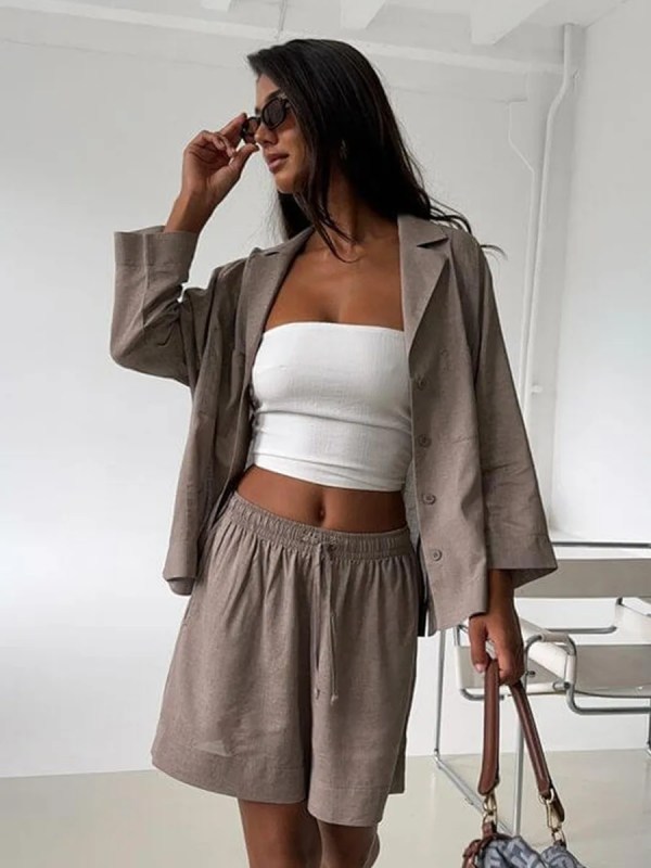 Bornlads Women's Cotton Casual Shorts Set Solid Color Lapel Long Sleeve Shirt Elastic Waist Shorts Outfit Daily Vacation Wear 1