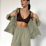 bornlads women's cotton casual shorts set solid color lapel long sleeve shirt elastic waist shorts outfit daily vacation wear Bornlads Women's Cotton Casual Shorts Set Solid Color Lapel Long Sleeve Shirt Elastic Waist Shorts Outfit Daily Vacation Wear 3