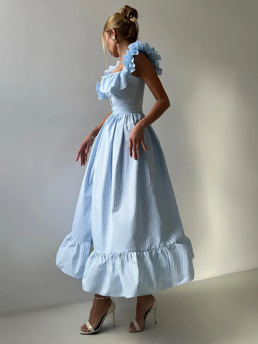 Bornlads Women's 2025 Summer New Striped Dress Button Front Slim Fitted Waist Midi Dress Flutter Sleeves Side Slit