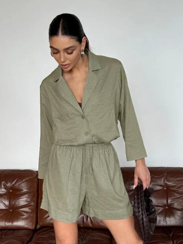 Bornlads Women's Cotton Casual Shorts Set Solid Color Lapel Long Sleeve Shirt Elastic Waist Shorts Outfit Daily Vacation Wear 4