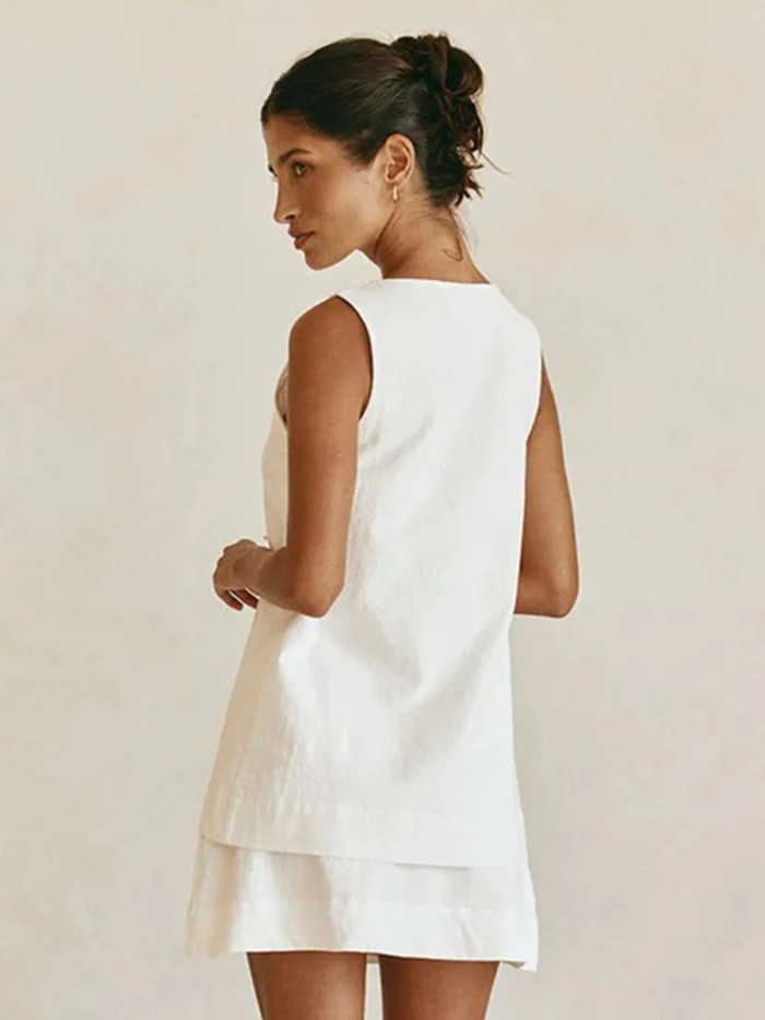Bornlads 2026 Summer New Sleeveless Top Mini Skirt Set Women's Round Neck Open Front Tie Top A Line Skirt Two Piece Outfit 4