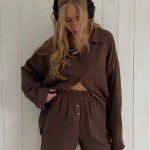 Bornlads Women's Cotton Casual Shorts Set Solid Color Lapel Long Sleeve Shirt Elastic Waist Shorts Outfit Daily Vacation Wear