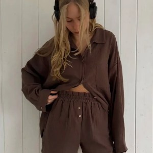 Bornlads Women's Cotton Casual Shorts Set Solid Color Lapel Long Sleeve Shirt Elastic Waist Shorts Outfit Daily Vacation Wear