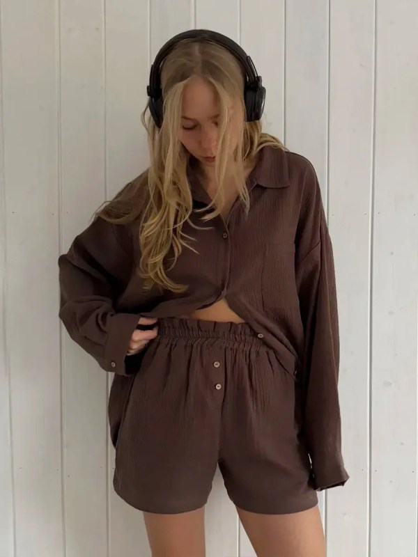 bornlads women's cotton casual shorts set solid color lapel long sleeve shirt elastic waist shorts outfit daily vacation wear Bornlads Women's Cotton Casual Shorts Set Solid Color Lapel Long Sleeve Shirt Elastic Waist Shorts Outfit Daily Vacation Wear