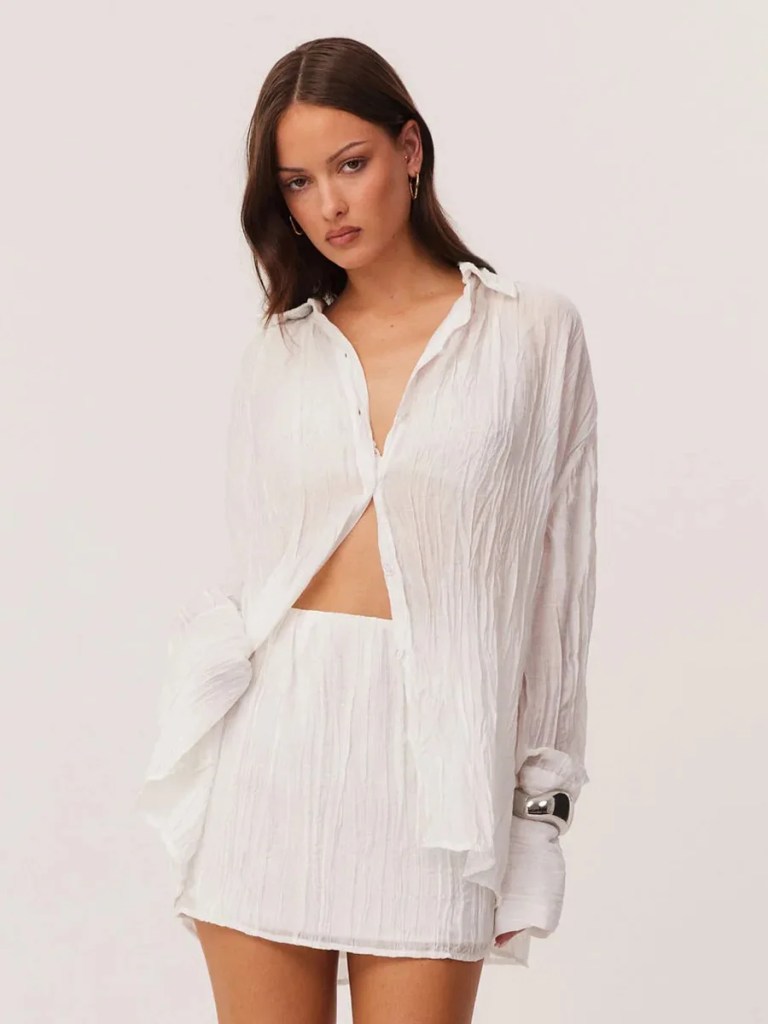 bornlads 2026 spring summer new shirt skirt set ruffled texture sheer shirt mini skirt vacation lazy style two piece outfit Bornlads 2026 Spring Summer New Shirt Skirt Set Ruffled Texture Sheer Shirt Mini Skirt Vacation Lazy Style Two Piece Outfit