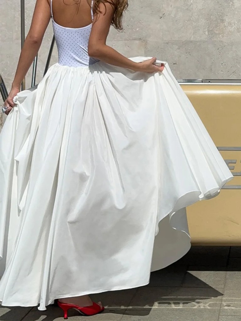 Bornladies Women's 2026 Spring Summer New Solid Color Skirt Ruched Waist Flared Vacation Style Maxi Umbrella Skirt 5