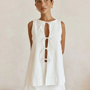 Bornlads 2026 Summer New Sleeveless Top Mini Skirt Set Women's Round Neck Open Front Tie Top A Line Skirt Two Piece Outfit