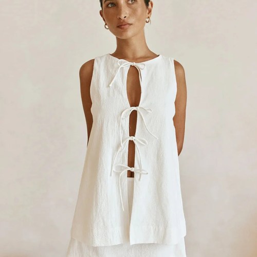 Bornlads 2026 Summer New Sleeveless Top Mini Skirt Set Women's Round Neck Open Front Tie Top A Line Skirt Two Piece Outfit
