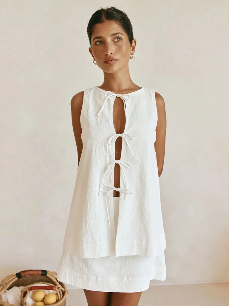 bornlads 2026 summer new sleeveless top mini skirt set women's round neck open front tie top a line skirt two piece outfit Bornlads 2026 Summer New Sleeveless Top Mini Skirt Set Women's Round Neck Open Front Tie Top A Line Skirt Two Piece Outfit