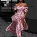 Bornlads 2026 Summer New Women's Off-Shoulder Floral Dress Short Sleeve Lace-Up Smocked Printed Split Maxi Dress 2