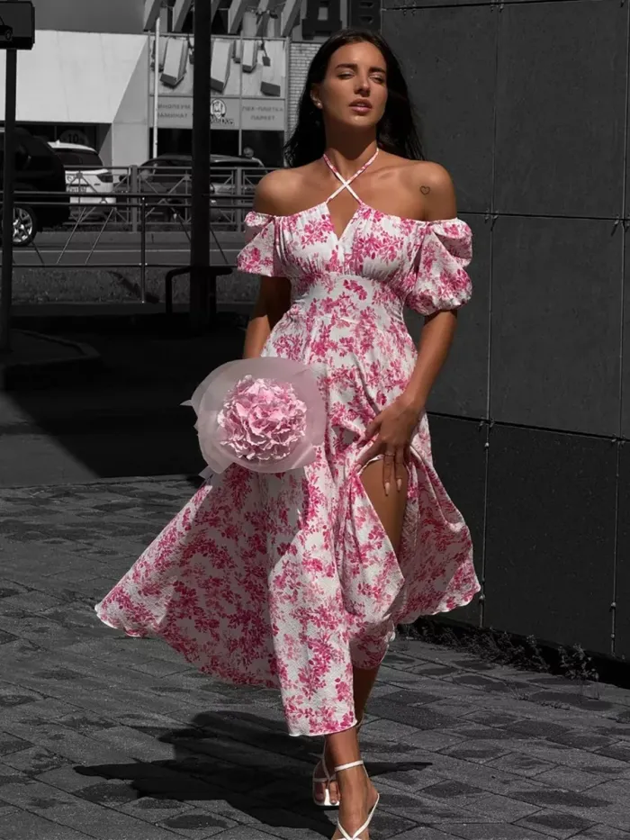 Bornlads 2026 Summer New Women's Off-Shoulder Floral Dress Short Sleeve Lace-Up Smocked Printed Split Maxi Dress 2