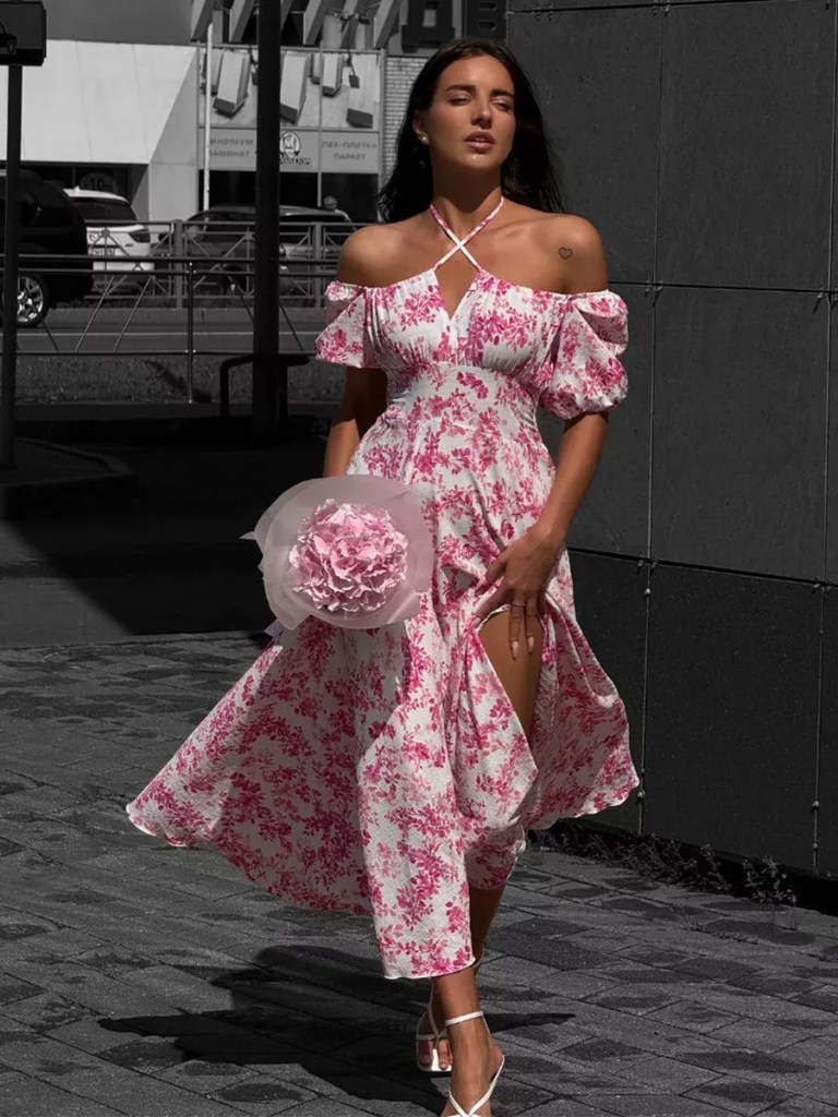 Bornlads 2026 Summer New Women's Off-Shoulder Floral Dress Short Sleeve Lace-Up Smocked Printed Split Maxi Dress 2