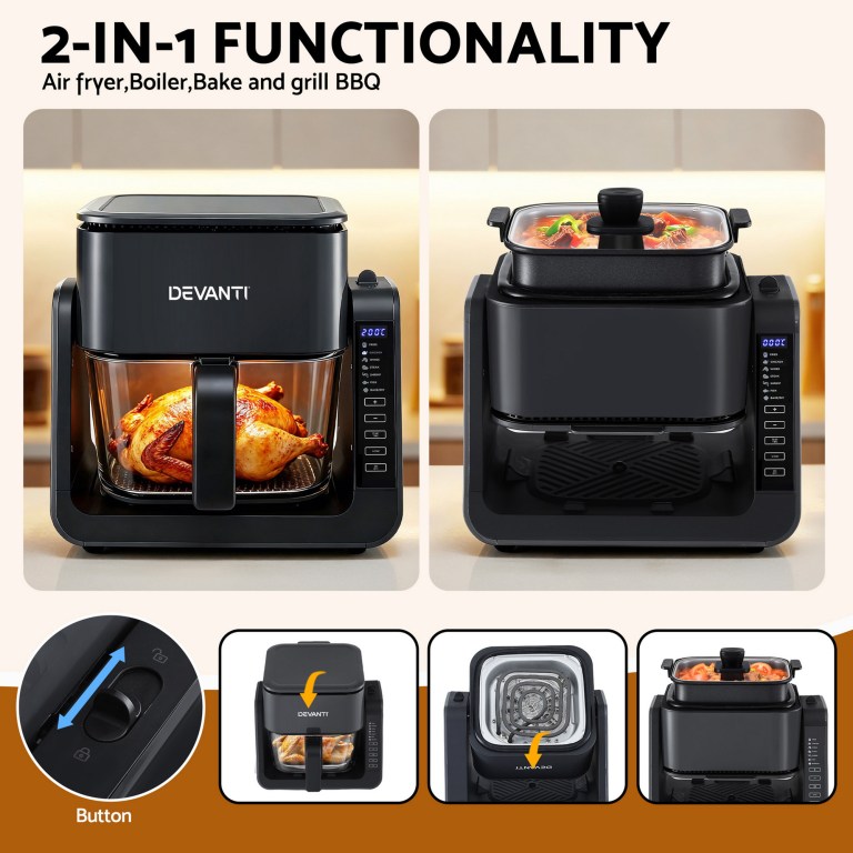 devanti 2 in 1 air fryer 5.5l dual zone fryers electric cooker with top bbq grill & bot devanti 2 in 1 air fryer 5.5l dual zone fryers electric cooker with top bbq grill & bot