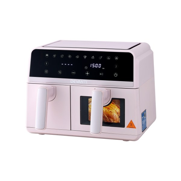 devanti air fryer 9l dual zone fryers 2600w pink