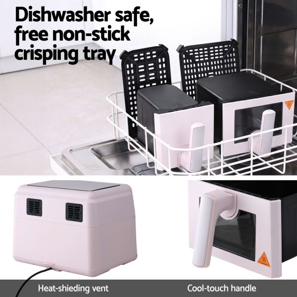 devanti air fryer 9l dual zone fryers 2600w pink