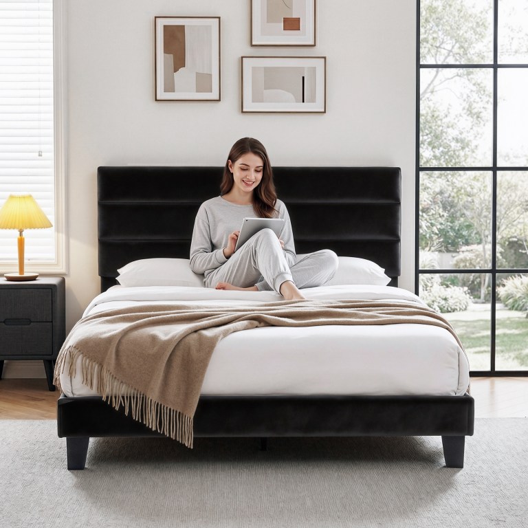 artiss double bed frame upholstered platform base with geometric headboard black velvet artiss double bed frame upholstered platform base with geometric headboard black velvet