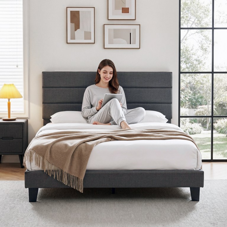 artiss double bed frame upholstered platform base with geometric headboard charcoal grey linen wood slats for modern bedroom furniture home decor artiss double bed frame upholstered platform base with geometric headboard charcoal grey linen wood slats for modern bedroom furniture home decor