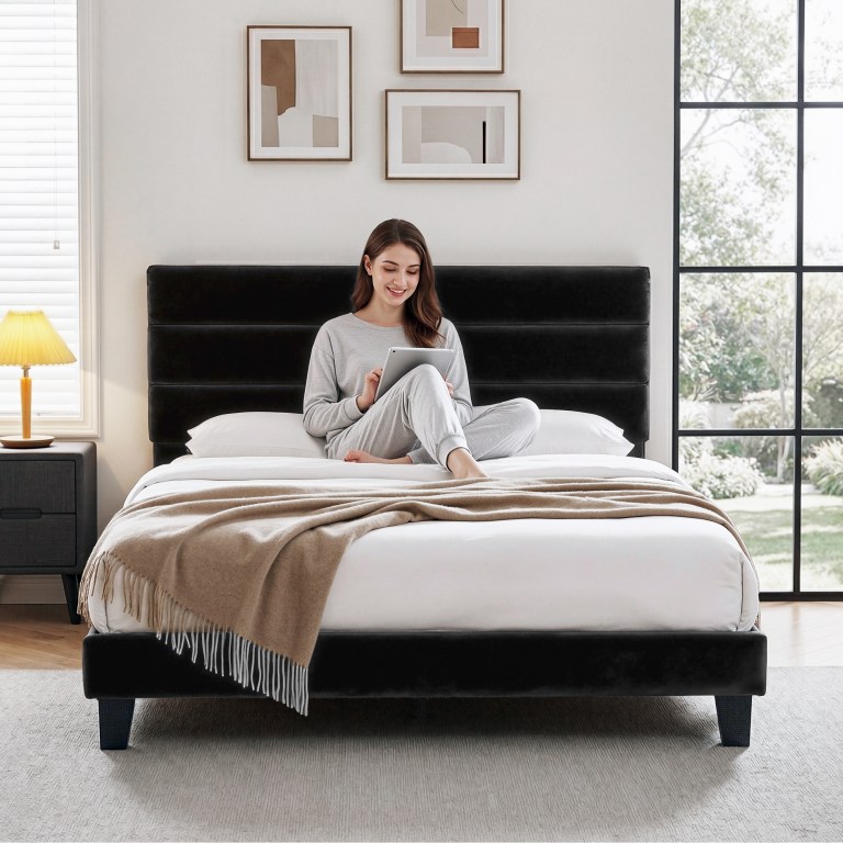 artiss king bed frame upholstered platform base with geometric headboard black velvet