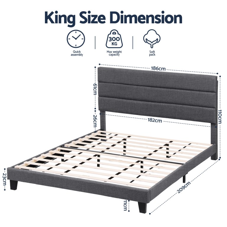 artiss king bed frame upholstered platform base with geometric headboard charcoal grey linen wood slats for modern bedroom furniture home decor