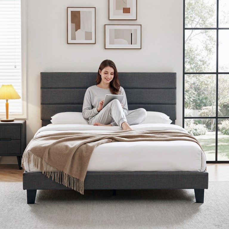 artiss king bed frame upholstered platform base with geometric headboard charcoal grey linen wood slats for modern bedroom furniture home decor