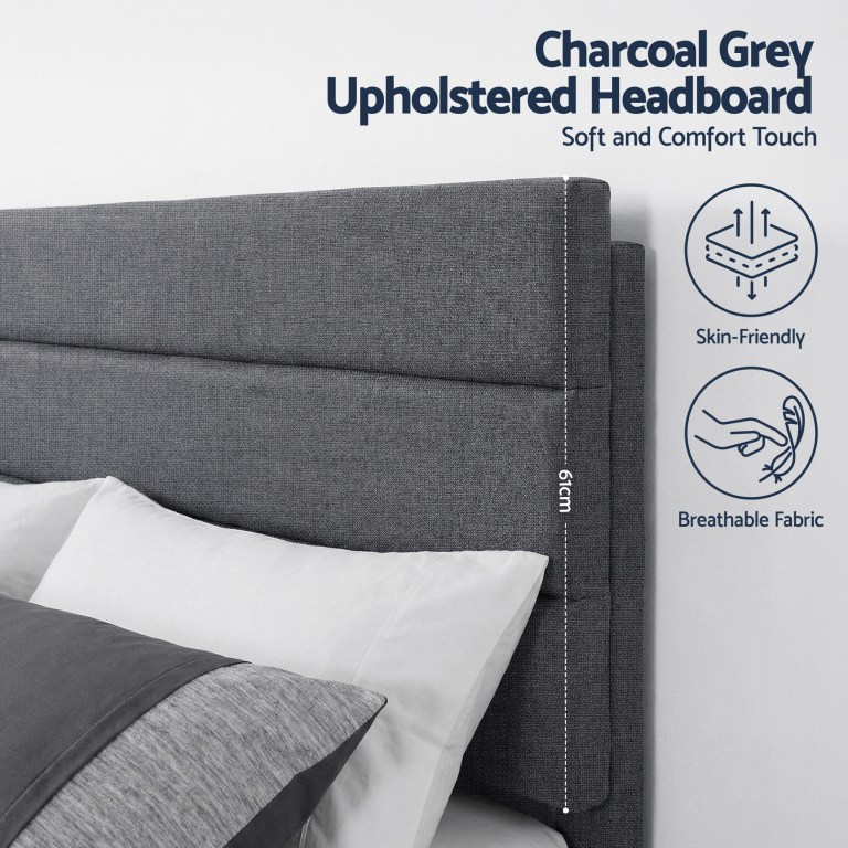 artiss king bed frame upholstered platform base with geometric headboard charcoal grey linen wood slats for modern bedroom furniture home decor
