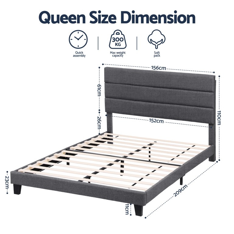 artiss queen bed frame upholstered platform base with geometric headboard charcoal grey linen wood slats for modern bedroom furniture home decor