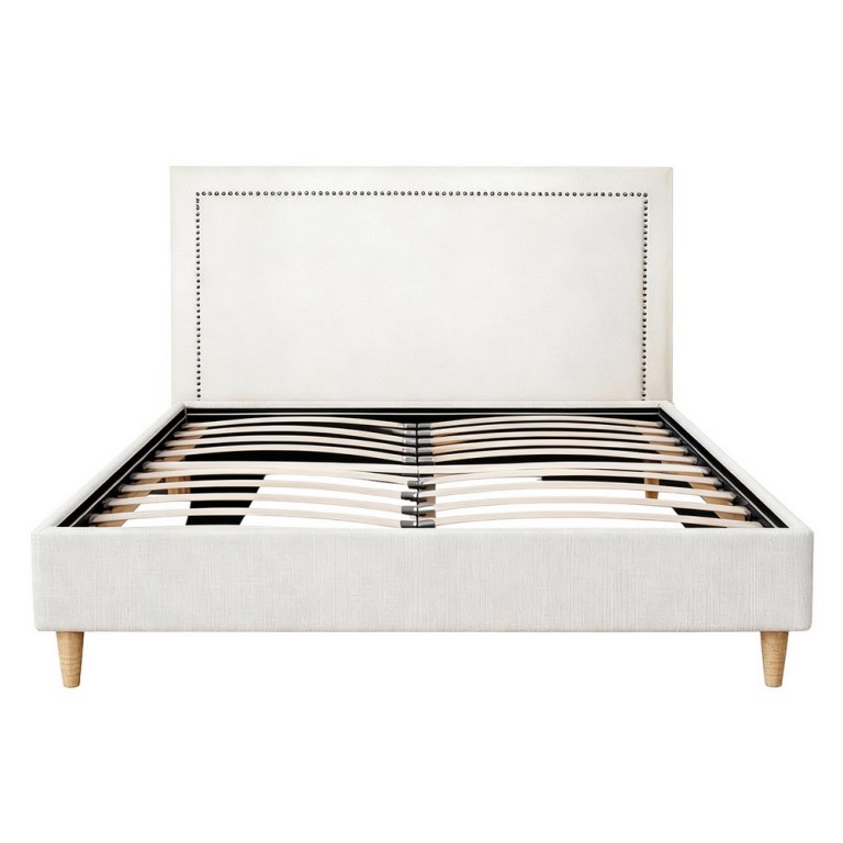 artiss queen bed frame platform bed base upholstered headboard linen fabric beige