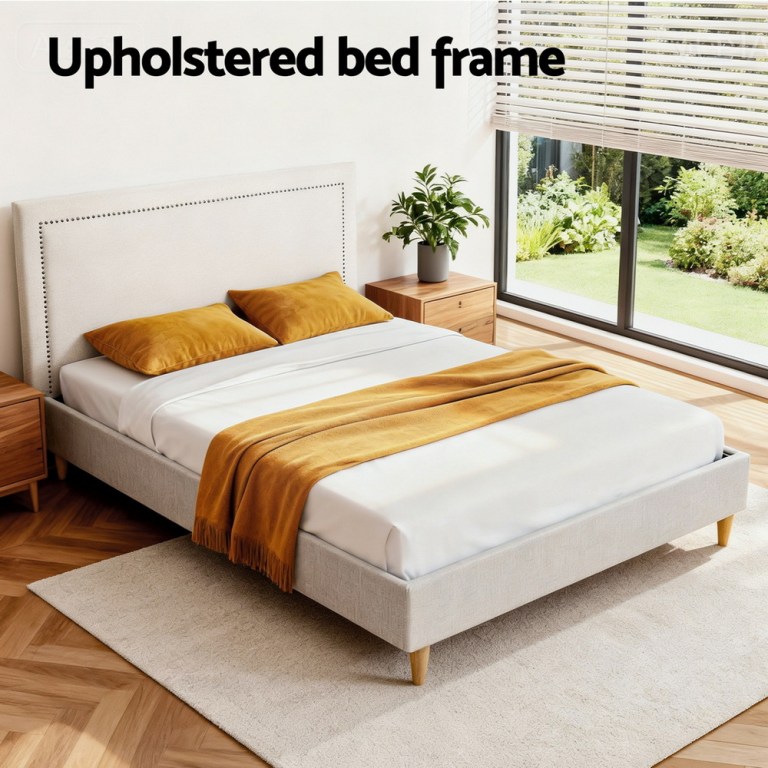 artiss queen bed frame platform bed base upholstered headboard linen fabric beige