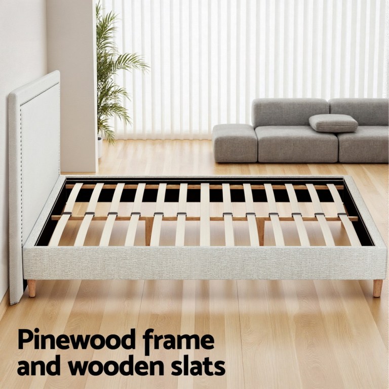 artiss queen bed frame platform bed base upholstered headboard linen fabric beige