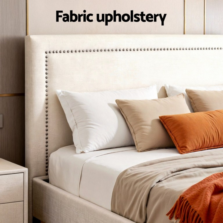 artiss queen bed frame platform bed base upholstered headboard linen fabric beige